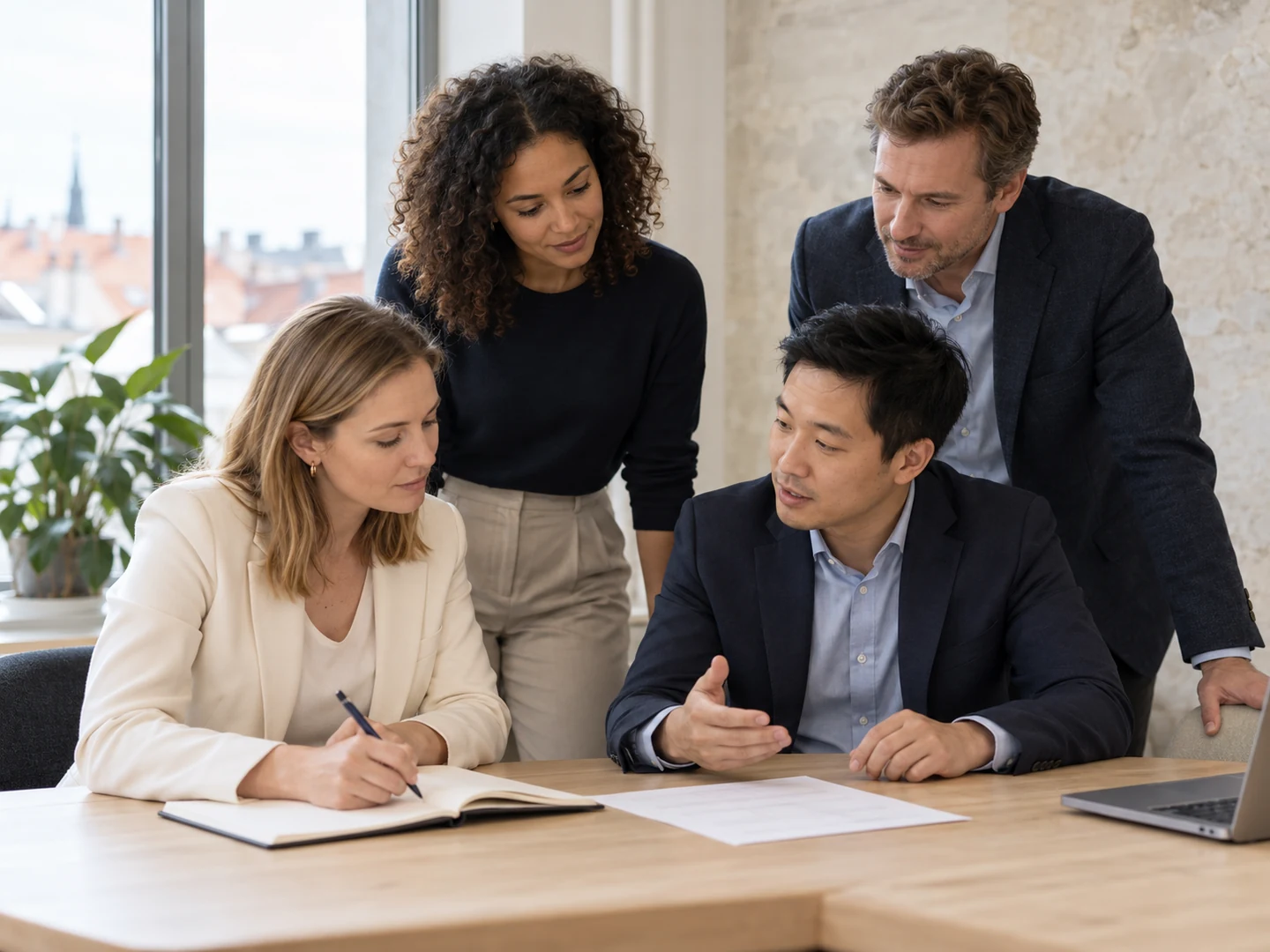 Professionals reviewing a service brief around a meeting table