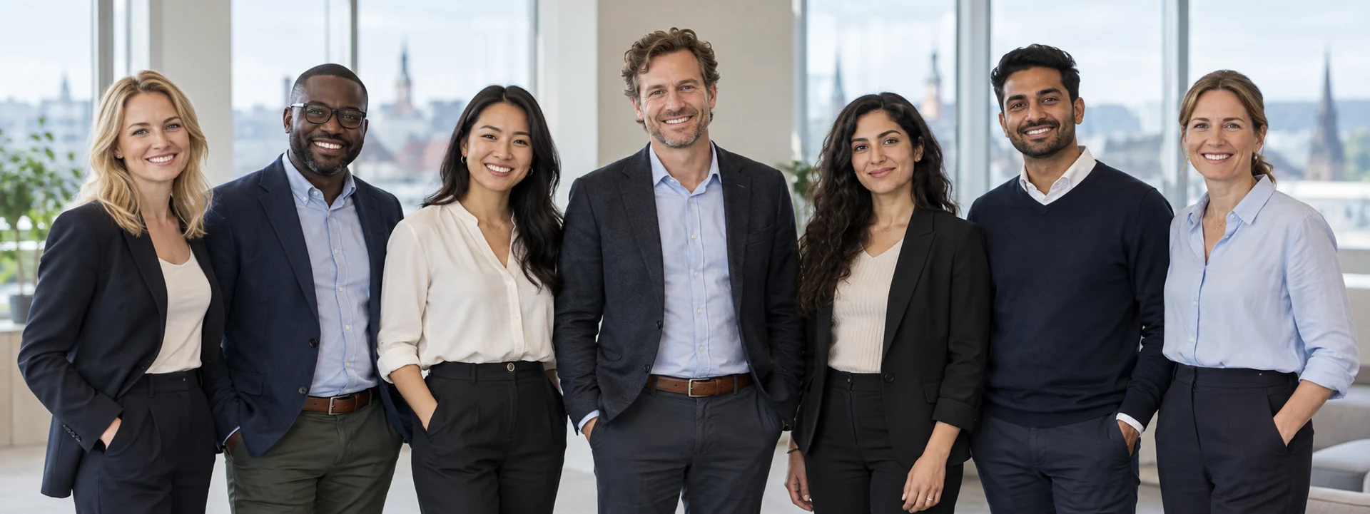 Sette professionisti di diversa provenienza in piedi insieme e sorridenti